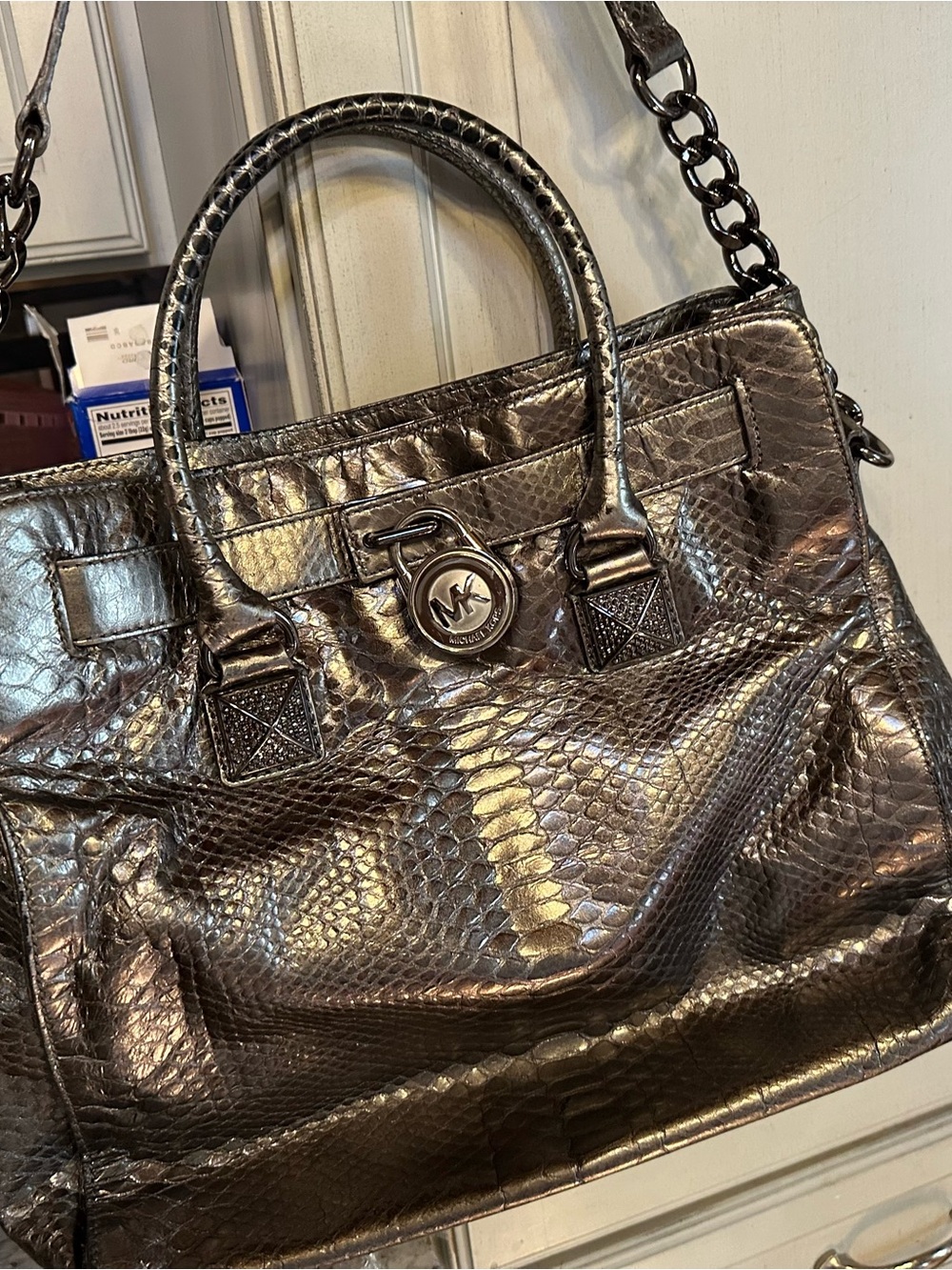 Michael Kors Metallic Bronze Snake-Embossed Satchel